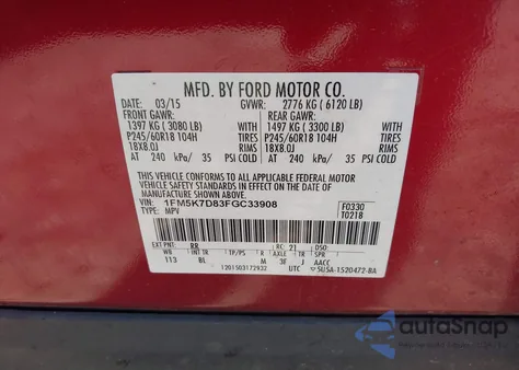 2015 Ford Explorer Xlt from USA, damaged, VIN 1FM5K7D83FGC33908